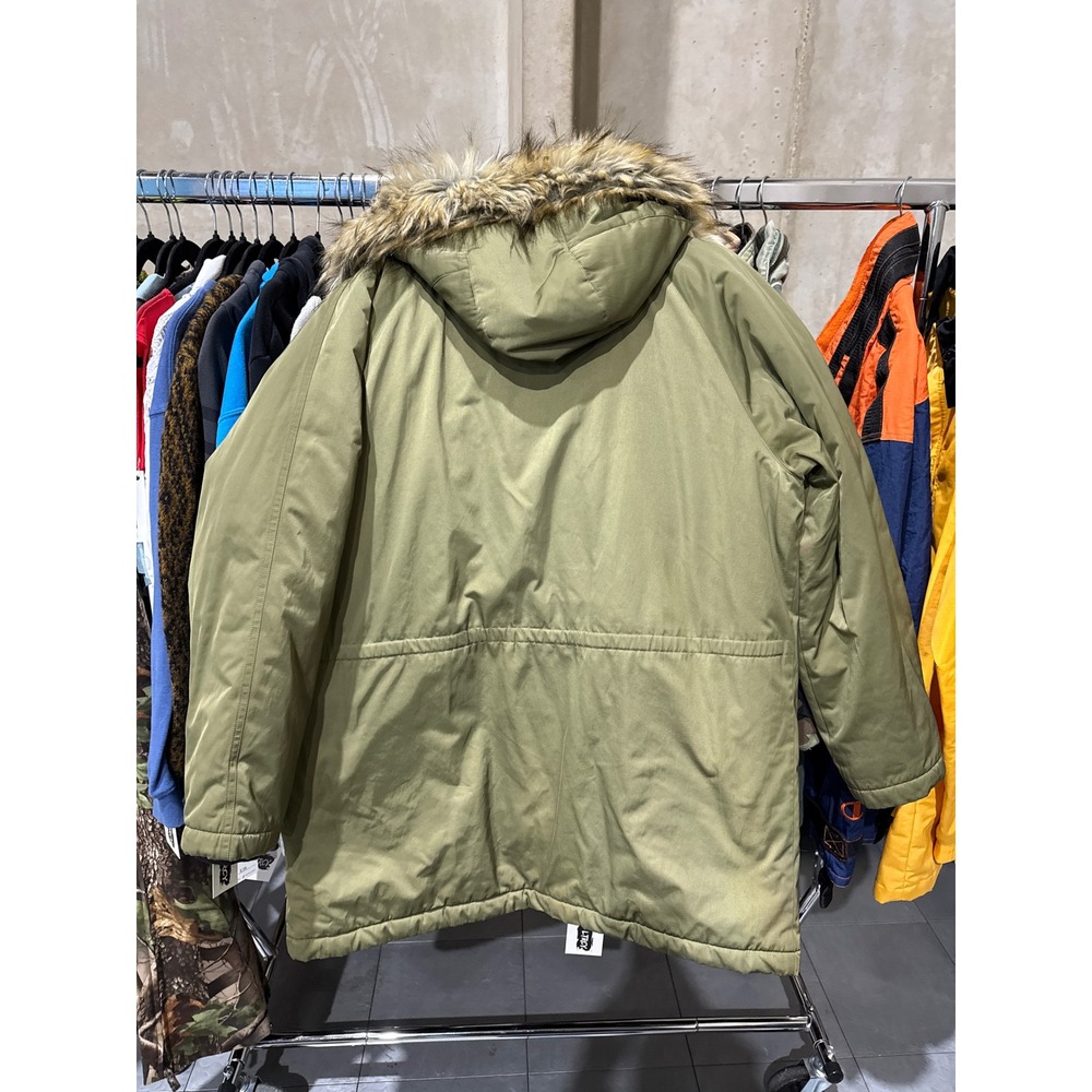 United Colors of Benetton Olive Green Faux Fur Hood Parka Jacket Orange Lining - Picture 5 of 5